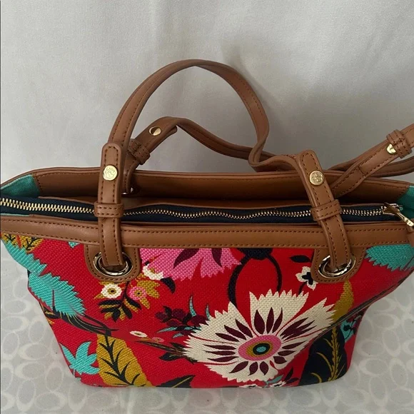 Spartina 449 Vibrant Red Floral Brown Leather Accents/Trim Tote Bag Purse 🌺🌺 - Picture 6 of 14